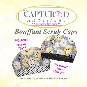 New Bouffant Scrub Cap Golden Bloom Medallions, Handmade - BW dots